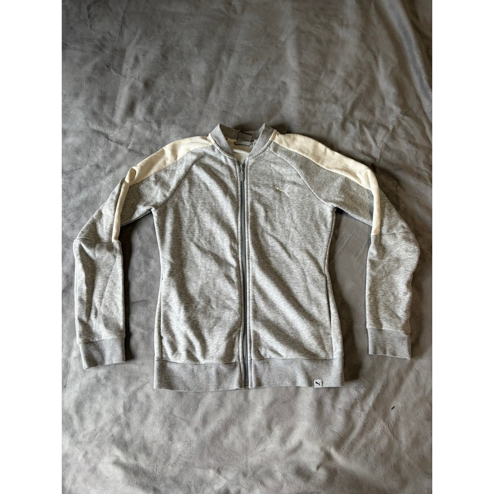 Puma Womens Gray French Terry Track Jacket Full Zip Cream Stripe Small